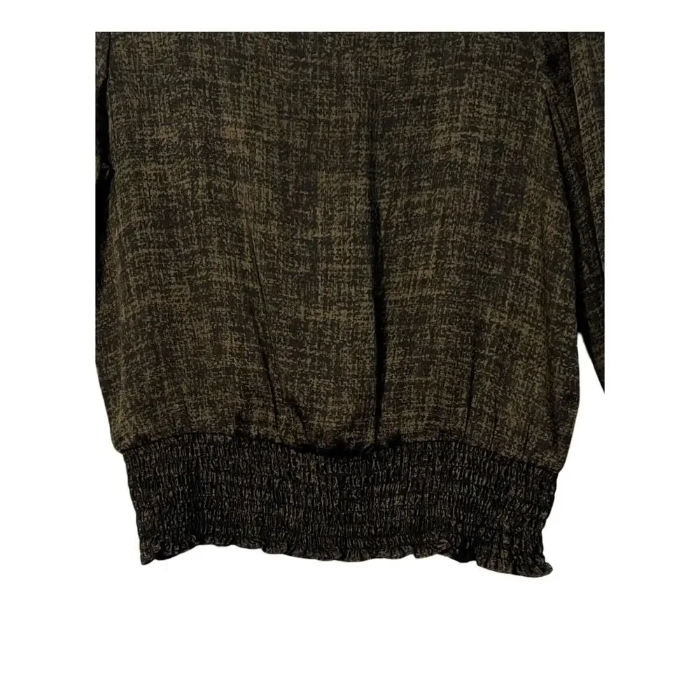 Michael Kors Top Womens Size M Olive Green Black Long Sleeve Satin Elastic Hem